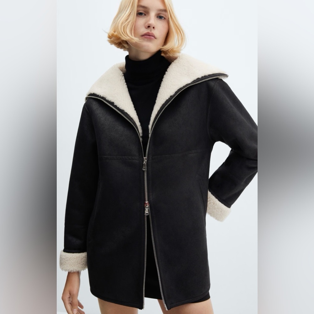 Mango Shearling-Lined Coat With Zip - image 2